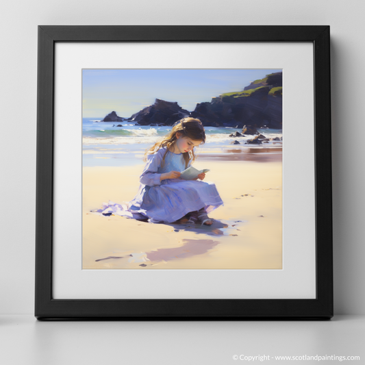Art Print of A girl writing her name in the sand at Eyemouth Beach with a black frame