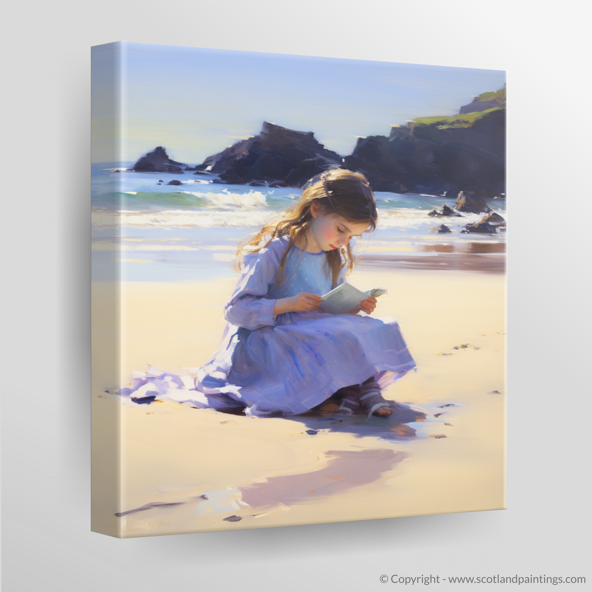 Canvas Print of A girl writing her name in the sand at Eyemouth Beach