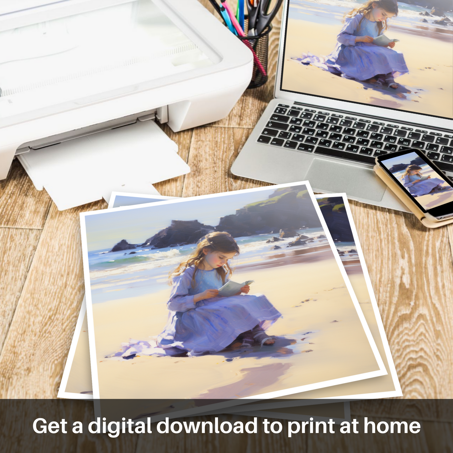 Downloadable and printable picture of A girl writing her name in the sand at Eyemouth Beach