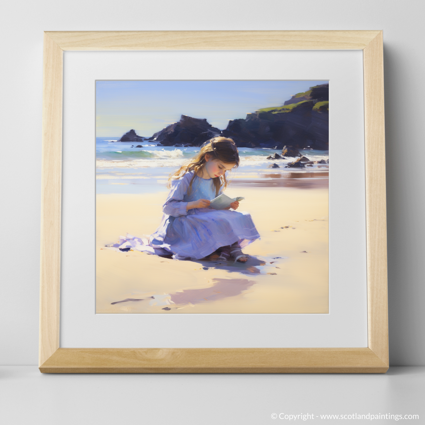 Art Print of A girl writing her name in the sand at Eyemouth Beach with a natural frame