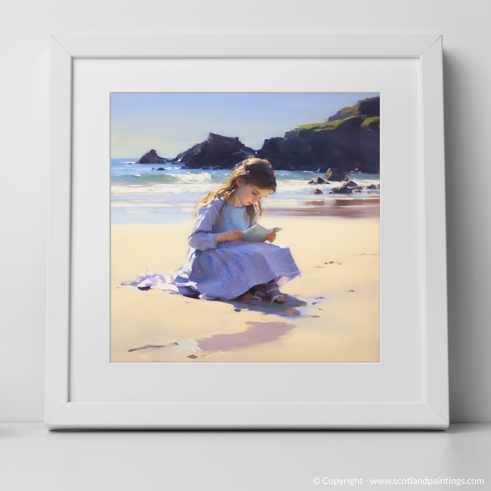 Art Print of A girl writing her name in the sand at Eyemouth Beach with a white frame