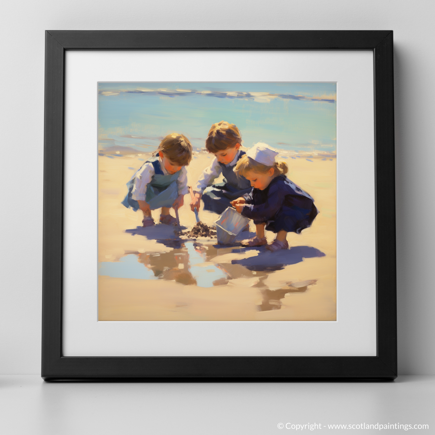 Art Print of Three children digging in the sand at St. Andrews Beach with a black frame