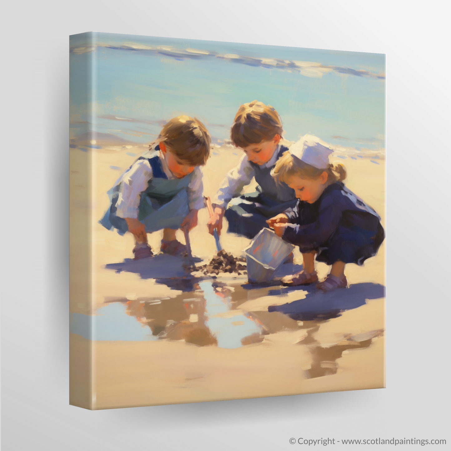 Canvas Print of Three children digging in the sand at St. Andrews Beach