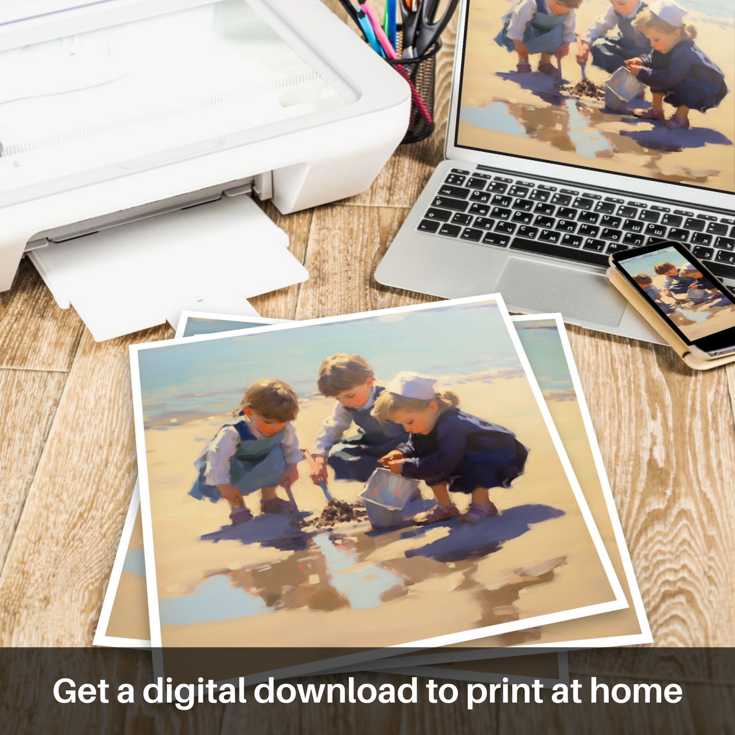 Downloadable and printable picture of Three children digging in the sand at St. Andrews Beach