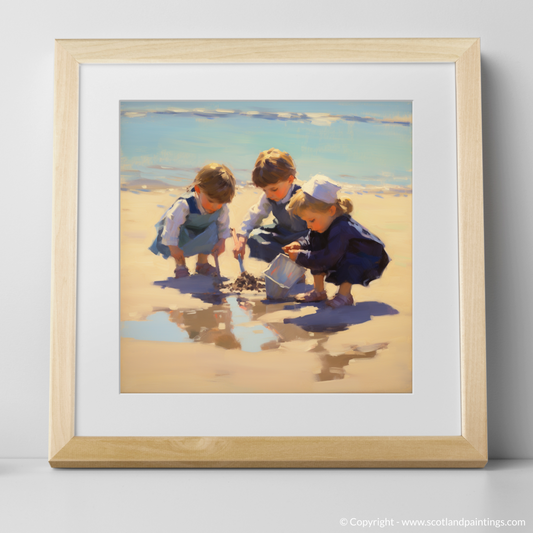 Art Print of Three children digging in the sand at St. Andrews Beach with a natural frame