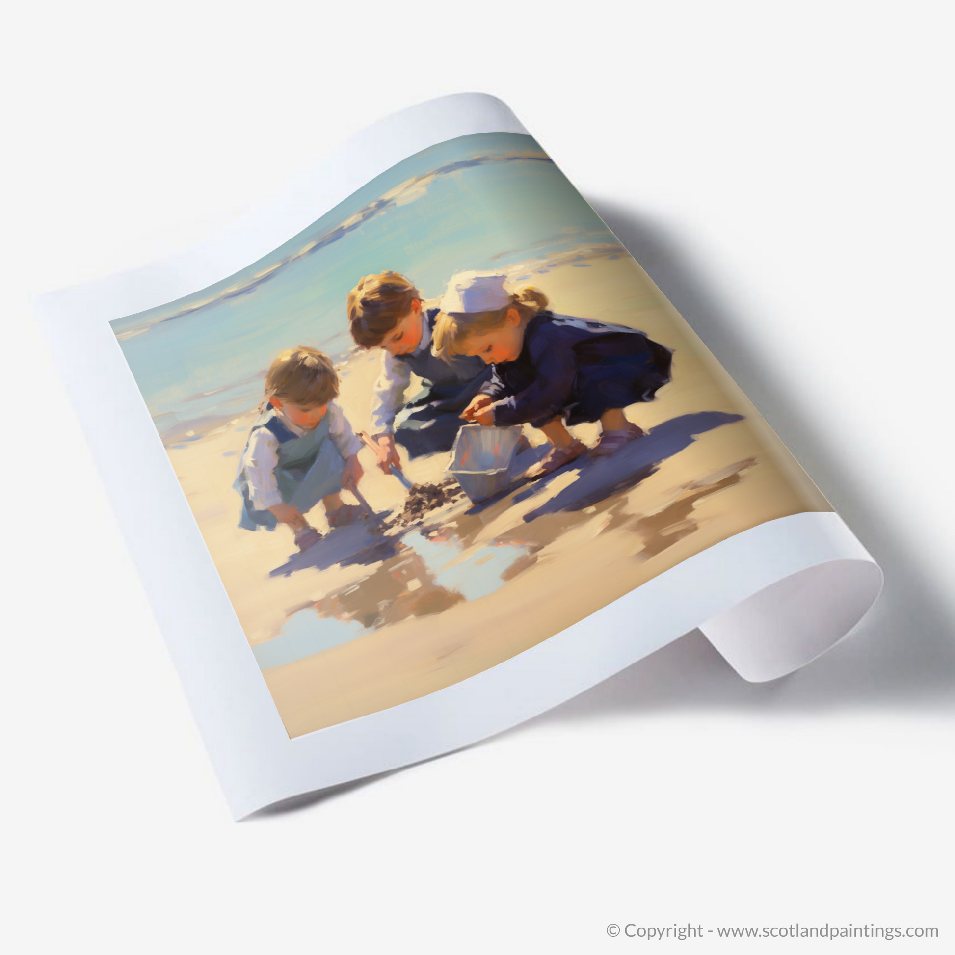 Art Print of Three children digging in the sand at St. Andrews Beach