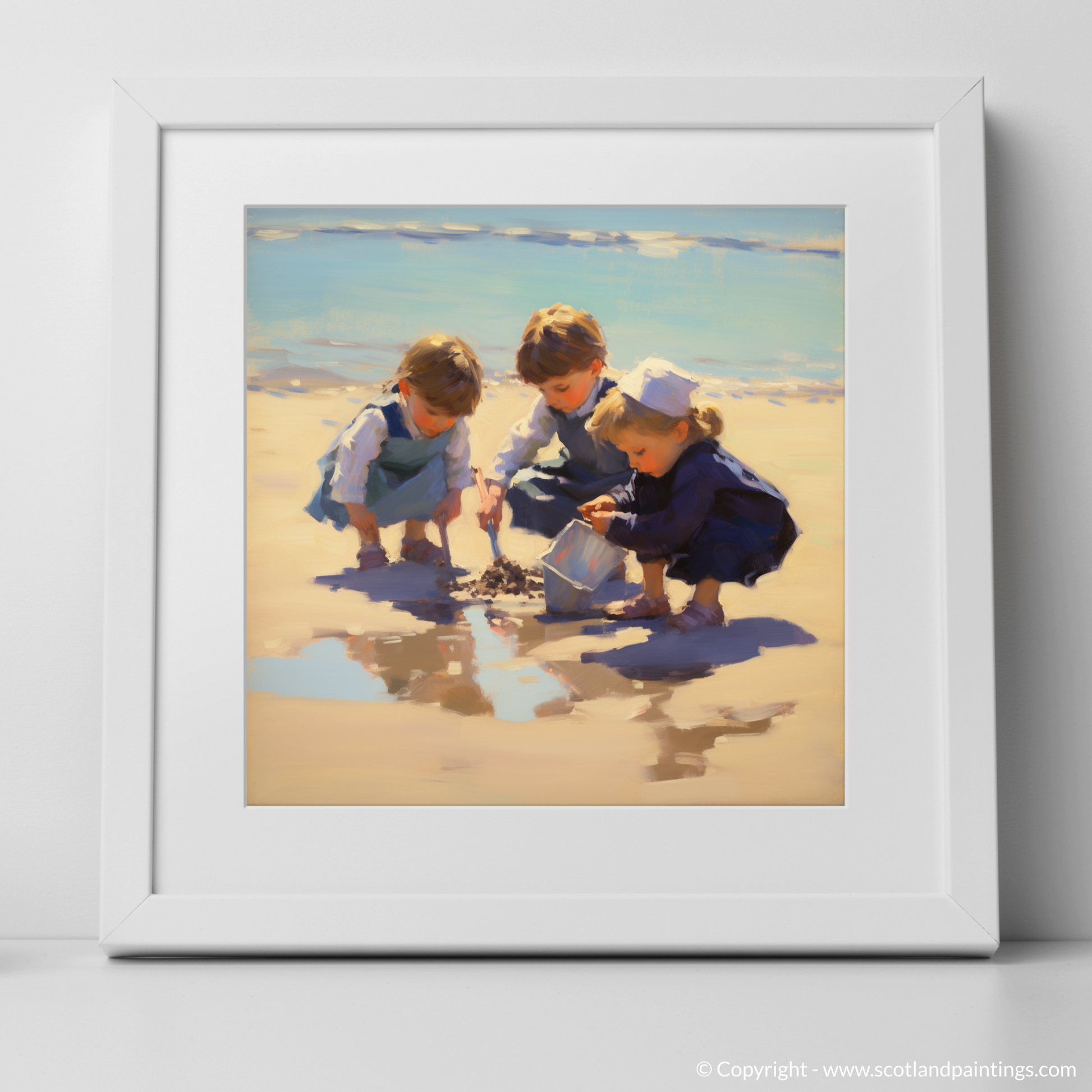 Art Print of Three children digging in the sand at St. Andrews Beach with a white frame
