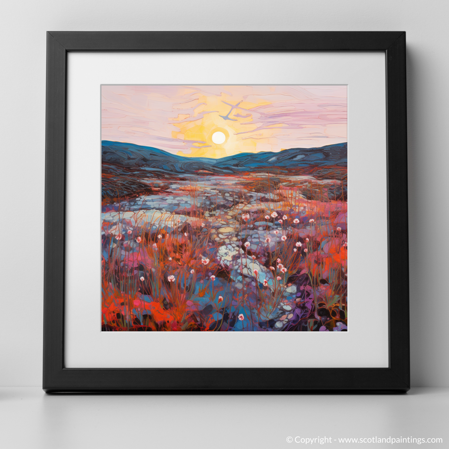 Art Print of Crowberry patches at dusk in Glencoe with a black frame