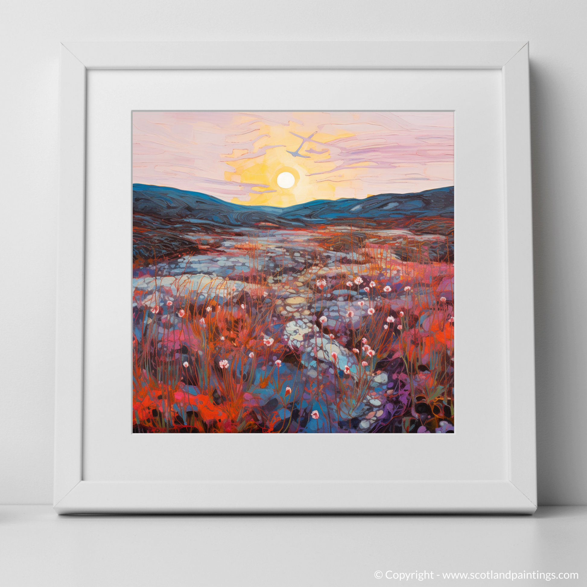 Art Print of Crowberry patches at dusk in Glencoe with a white frame