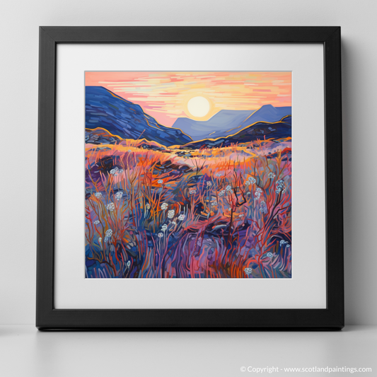 Art Print of Crowberry patches at dusk in Glencoe with a black frame