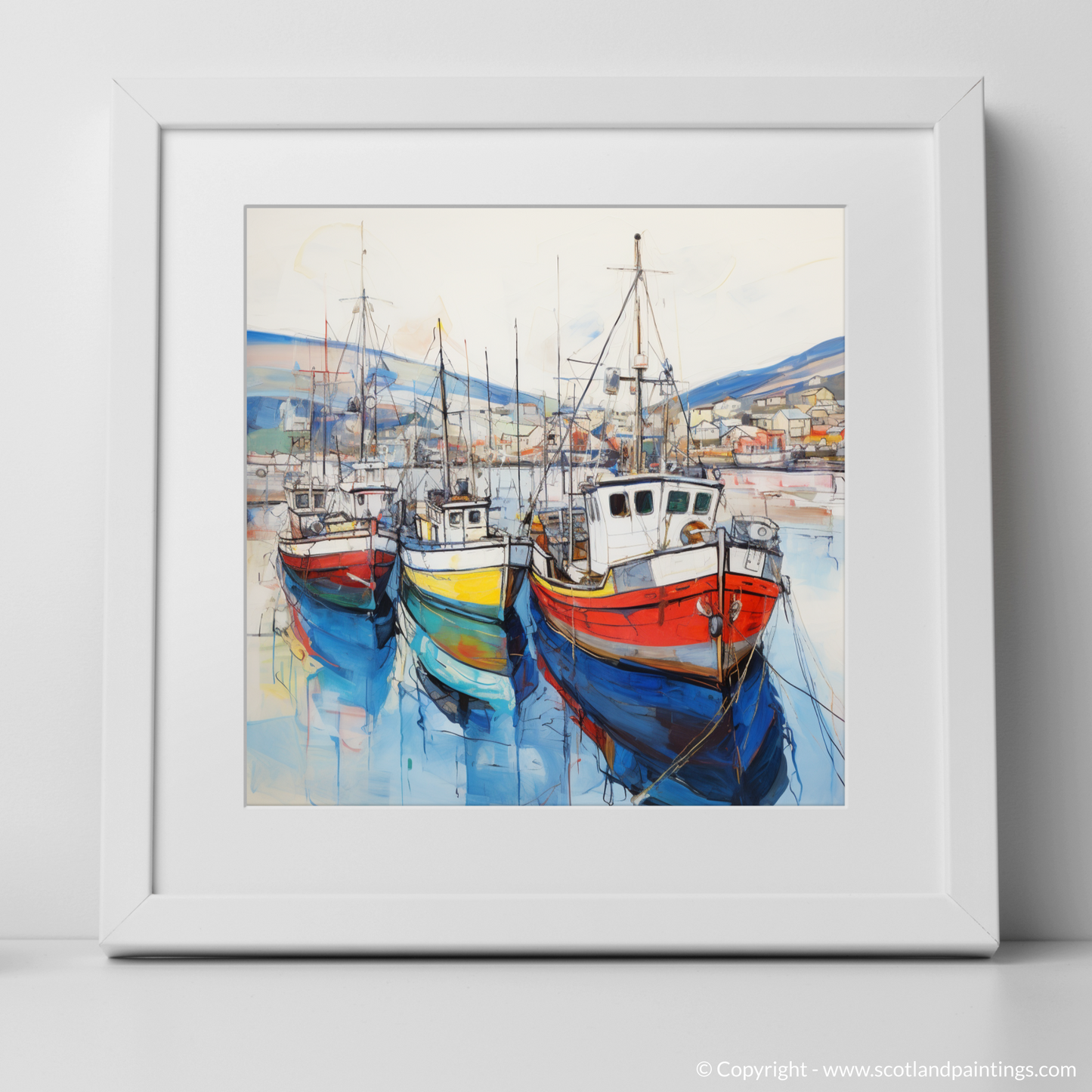 Art Print of Ullapool Harbour with a white frame