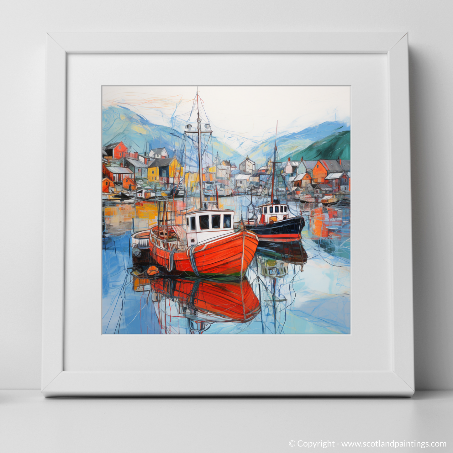 Art Print of Ullapool Harbour with a white frame