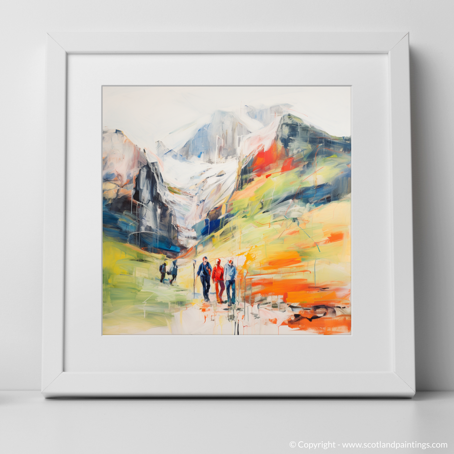 Art Print of Hikers in Glencoe with a white frame