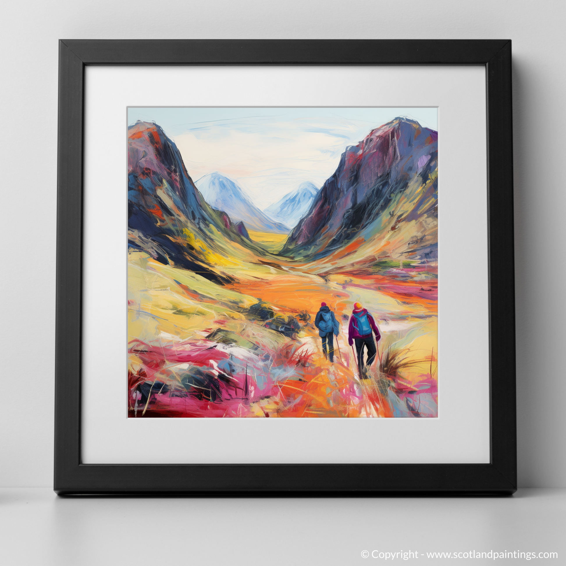 Art Print of Hikers in Glencoe with a black frame