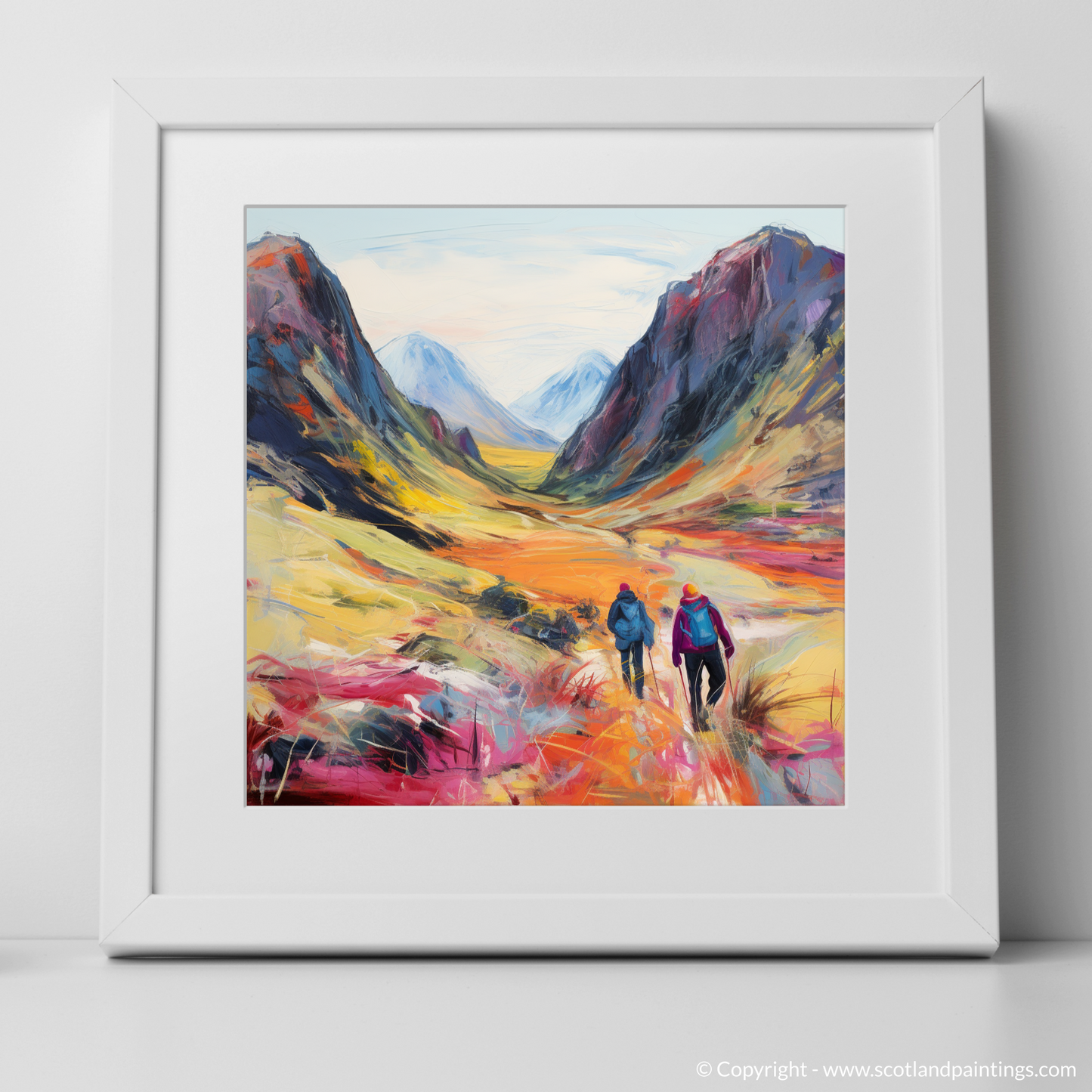 Art Print of Hikers in Glencoe with a white frame