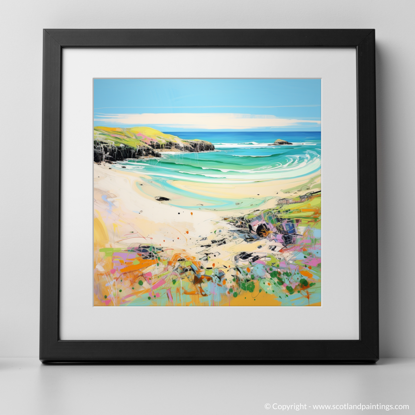 Art Print of Durness Beach, Sutherland in summer with a black frame
