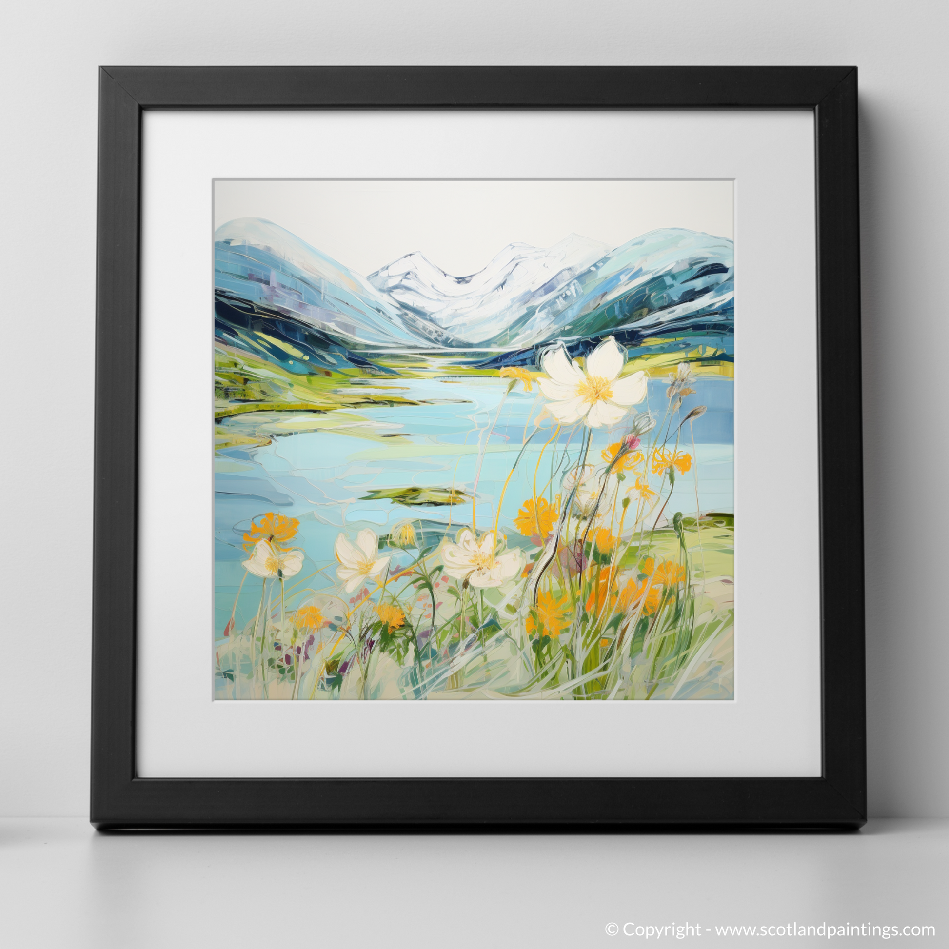 Art Print of Mountain avens near serene lochan in Glencoe with a black frame