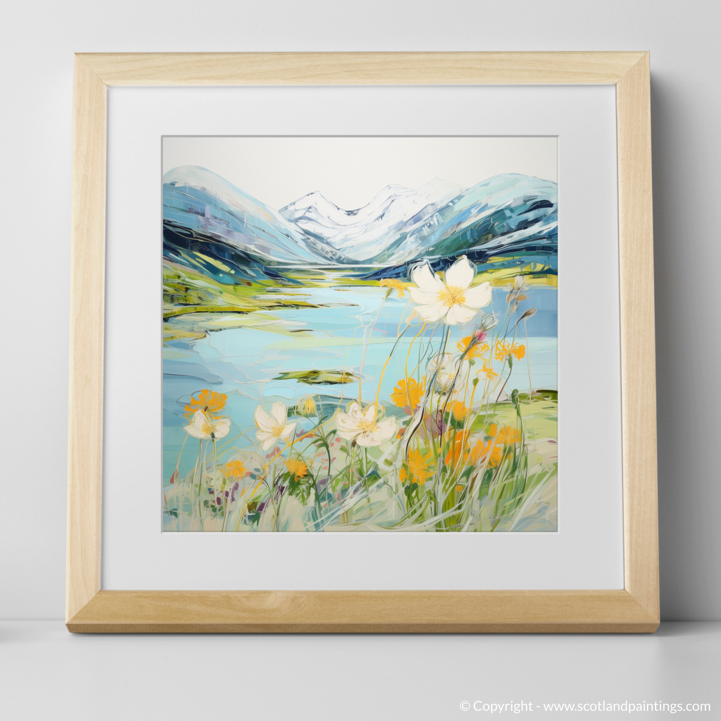Art Print of Mountain avens near serene lochan in Glencoe with a natural frame