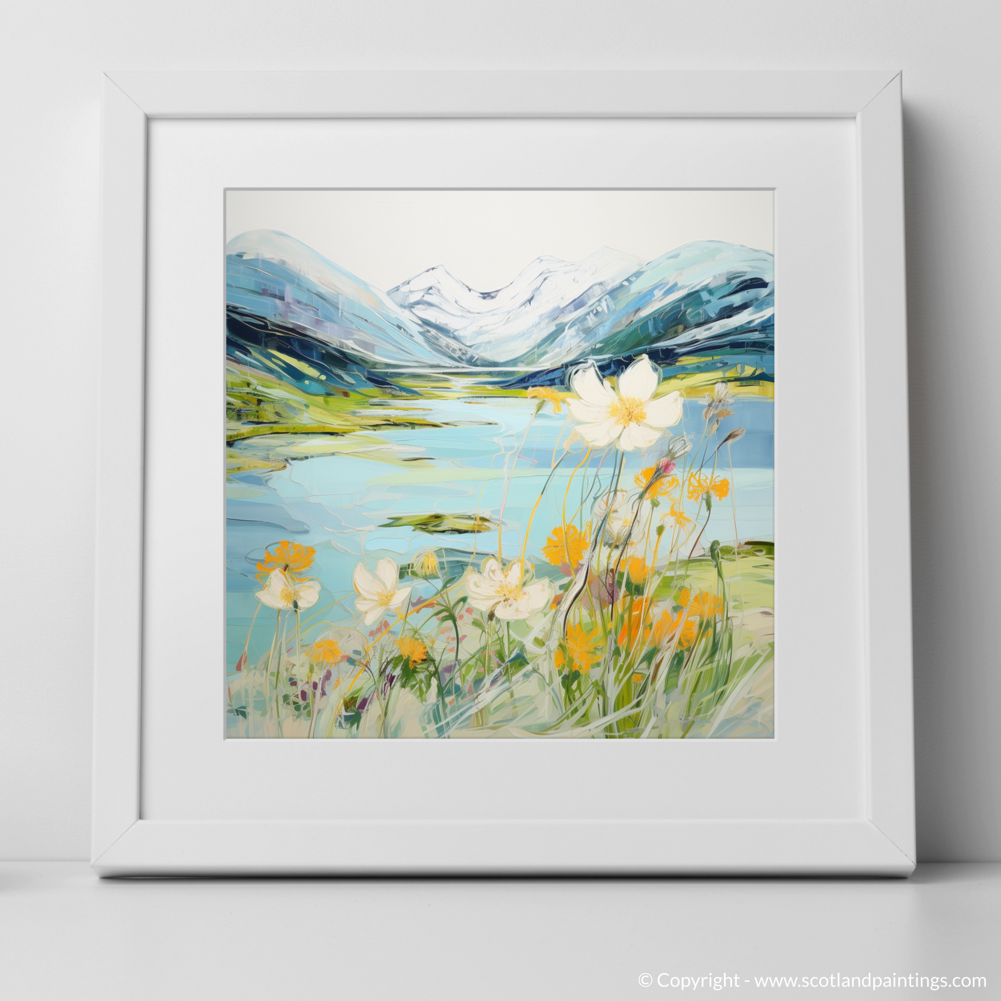 Art Print of Mountain avens near serene lochan in Glencoe with a white frame