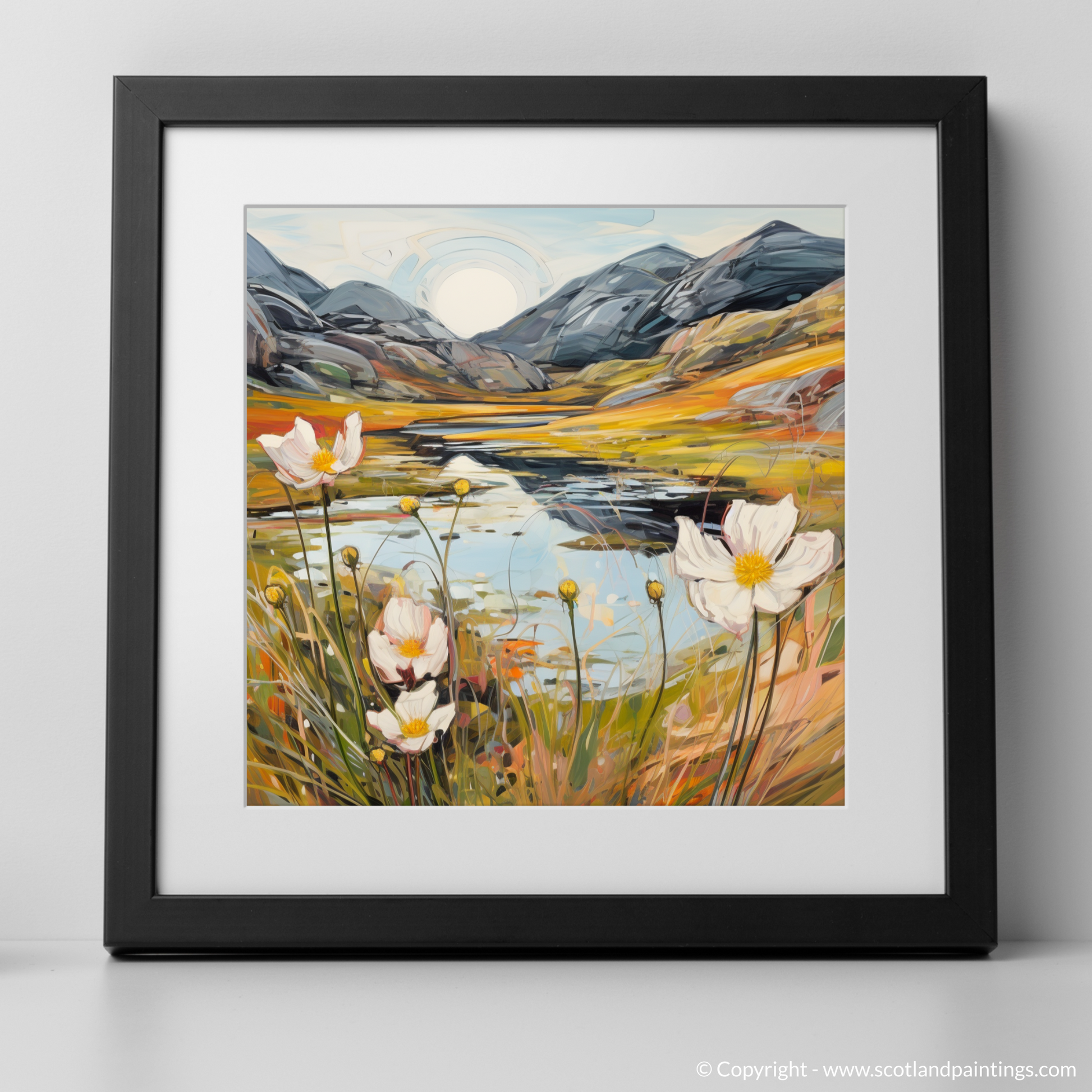 Art Print of Mountain avens near serene lochan in Glencoe with a black frame