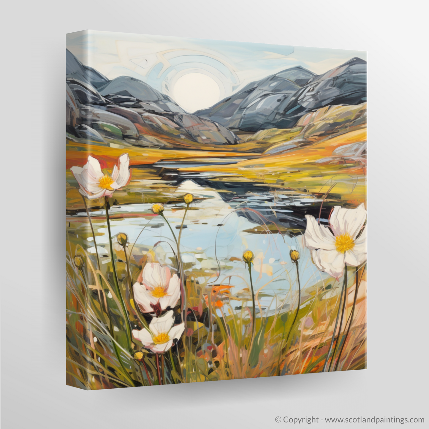 Canvas Print of Mountain avens near serene lochan in Glencoe