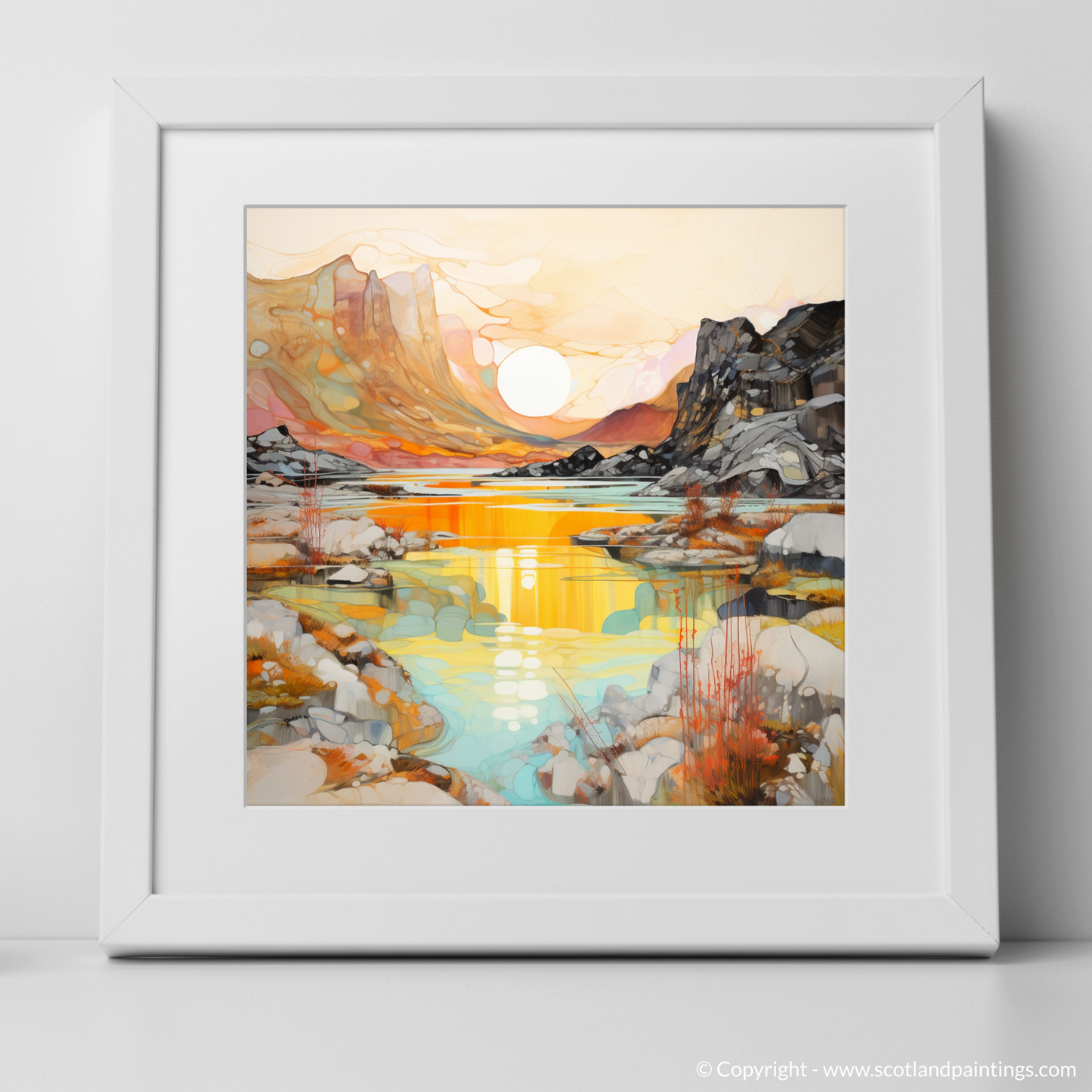 Art Print of Isle of Skye Fairy Pools at golden hour in summer with a white frame