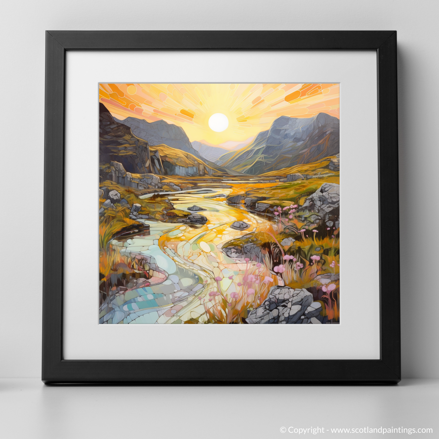 Art Print of Isle of Skye Fairy Pools at golden hour in summer with a black frame