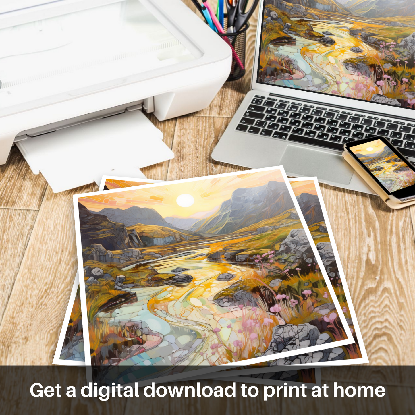 Downloadable and printable picture of Isle of Skye Fairy Pools at golden hour in summer