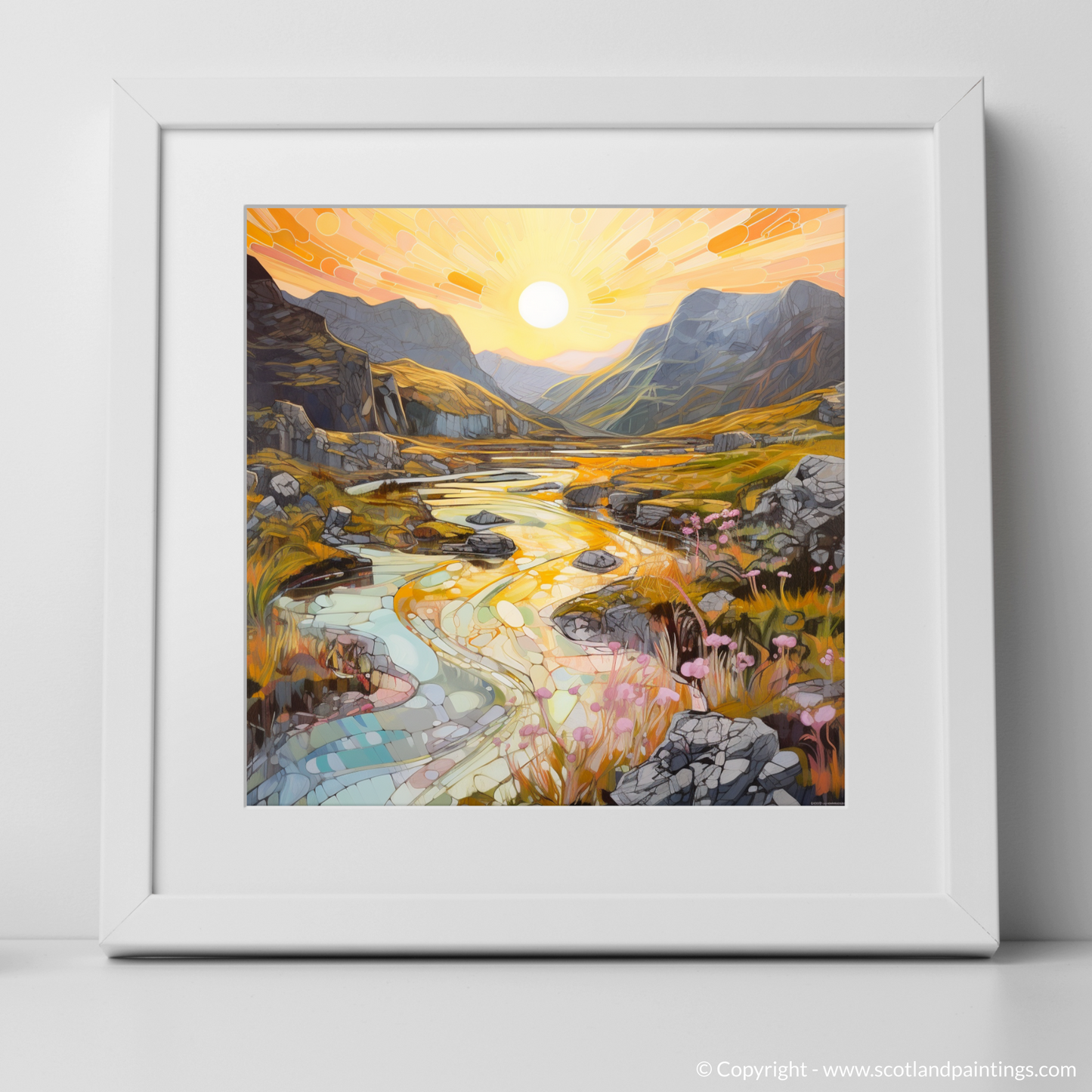 Art Print of Isle of Skye Fairy Pools at golden hour in summer with a white frame