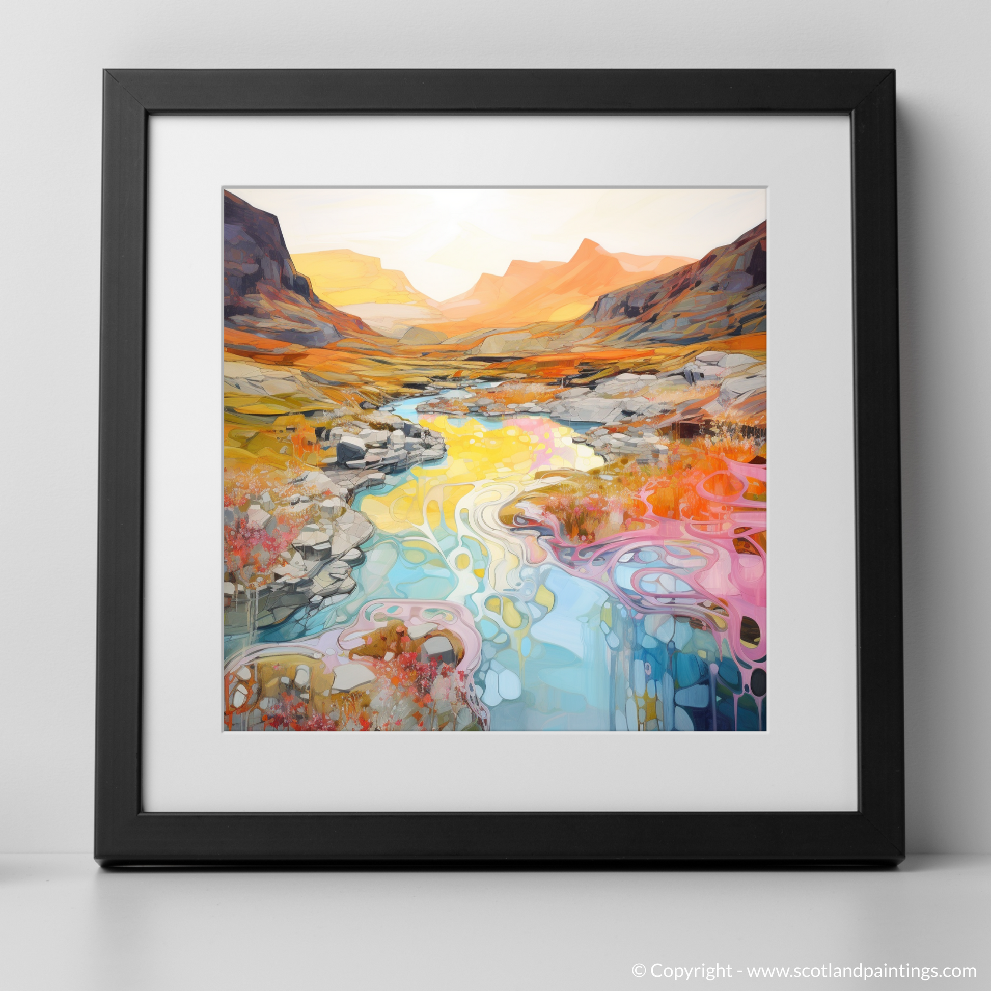 Art Print of Isle of Skye Fairy Pools at golden hour in summer with a black frame