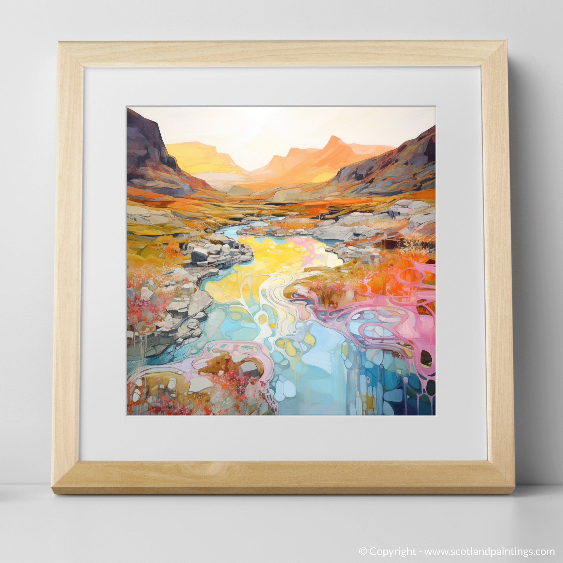 Art Print of Isle of Skye Fairy Pools at golden hour in summer with a natural frame