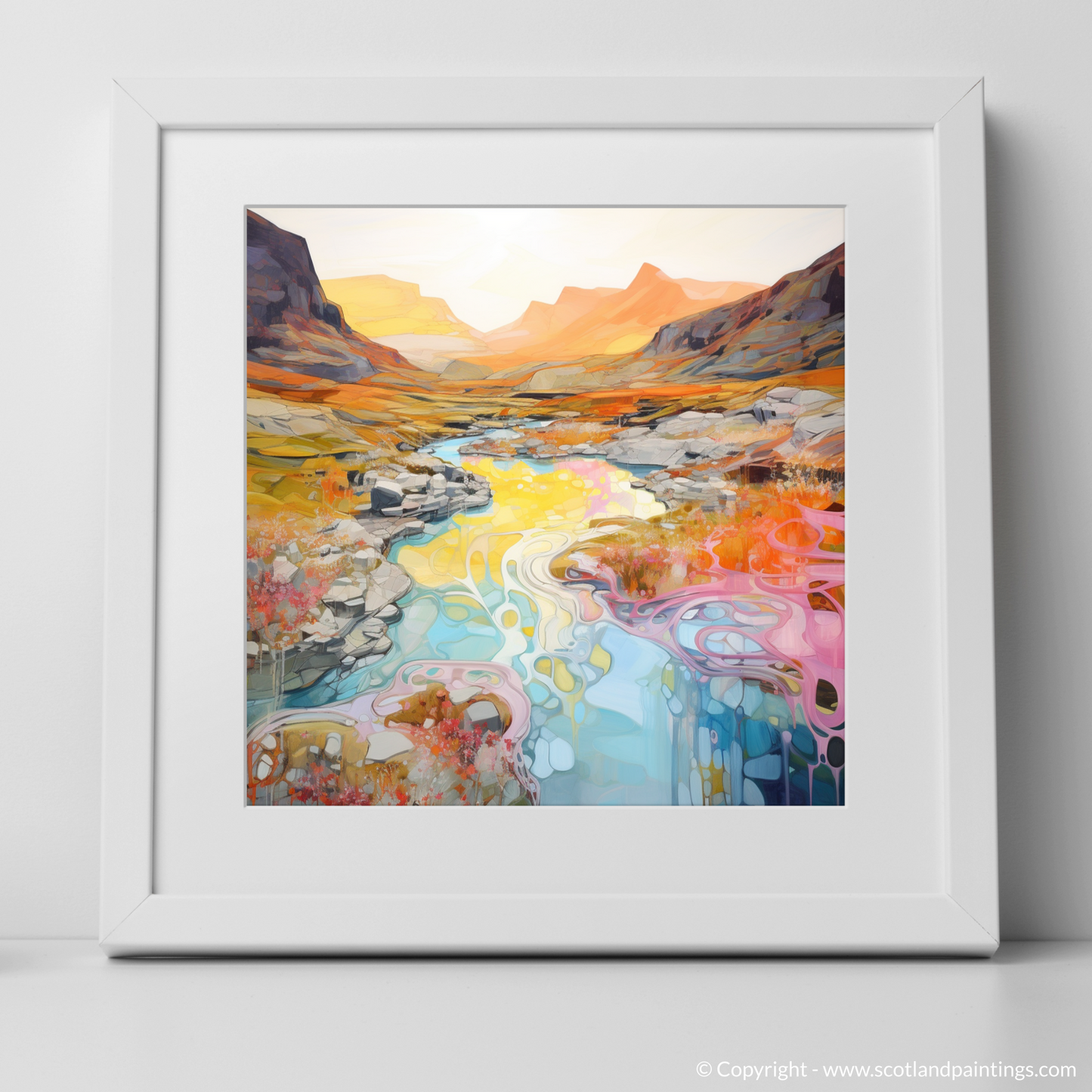 Art Print of Isle of Skye Fairy Pools at golden hour in summer with a white frame