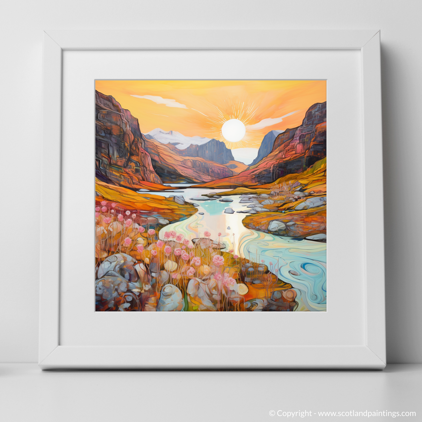 Art Print of Isle of Skye Fairy Pools at golden hour in summer with a white frame