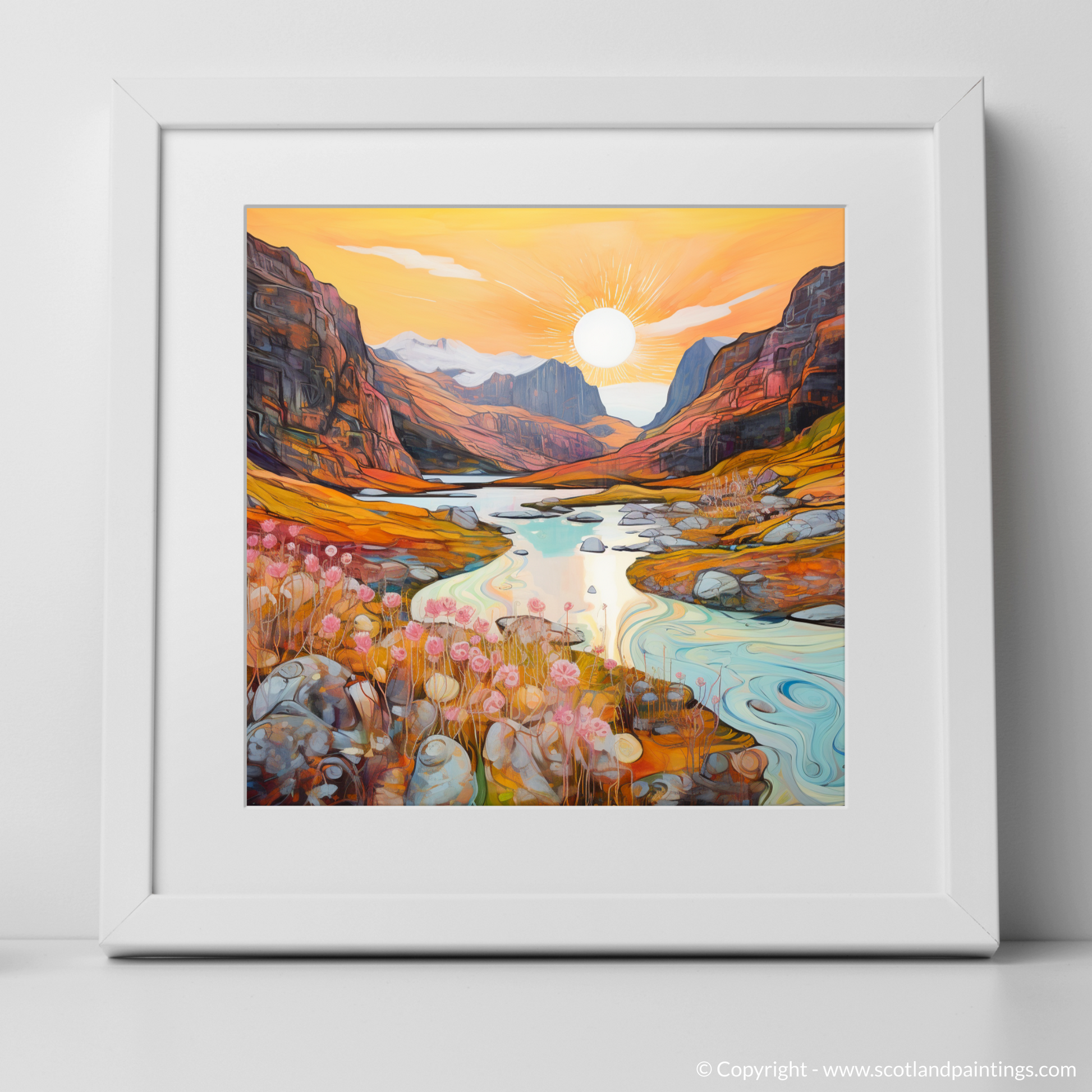 Art Print of Isle of Skye Fairy Pools at golden hour in summer with a white frame