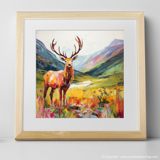 Art Print of A stag in Glencoe during summer with a natural frame