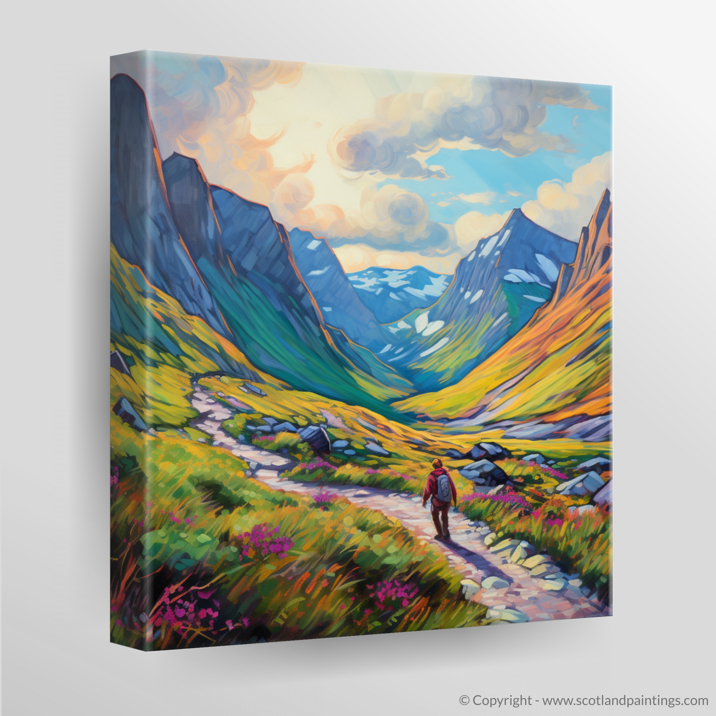 Painting and Art Print of Hikers in Glencoe. Highland Wanderer: An Impressionist Journey through Glencoe.
