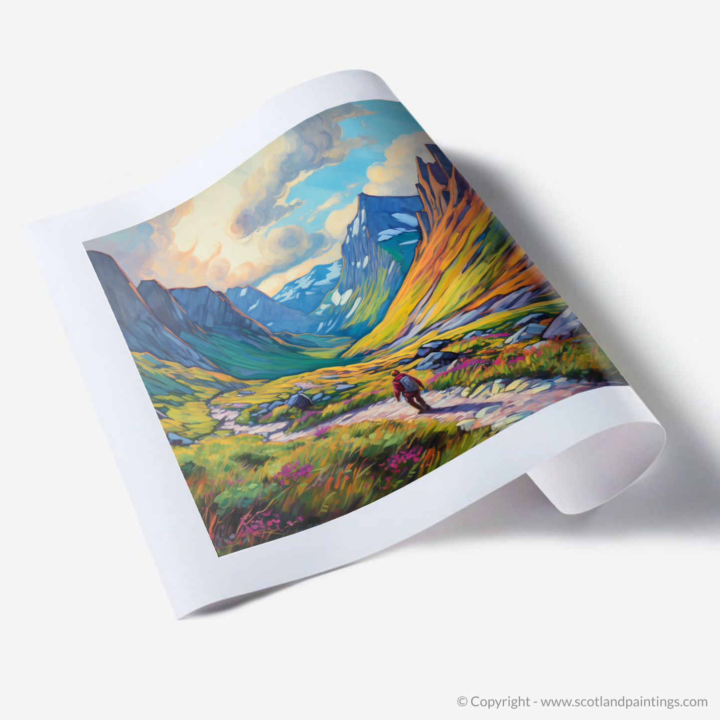 Painting and Art Print of Hikers in Glencoe. Highland Wanderer: An Impressionist Journey through Glencoe.