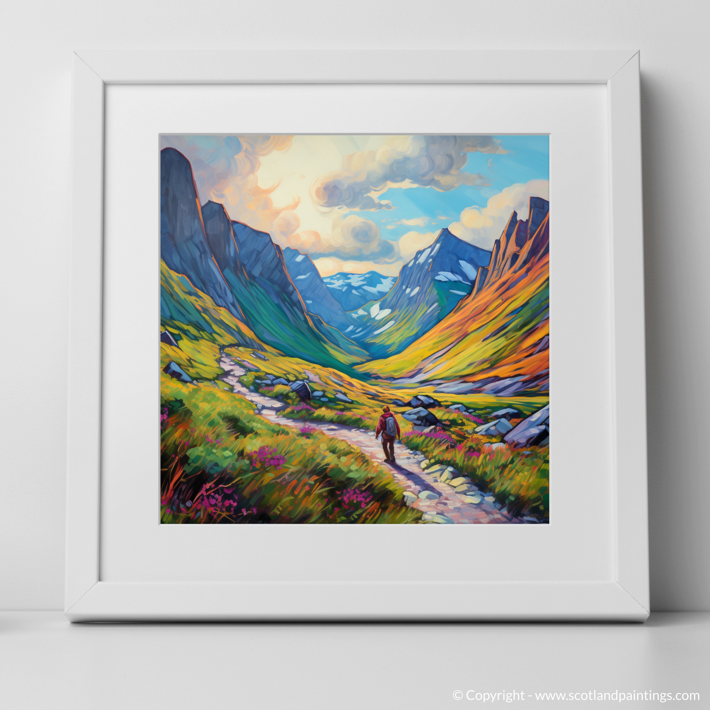 Painting and Art Print of Hikers in Glencoe. Highland Wanderer: An Impressionist Journey through Glencoe.