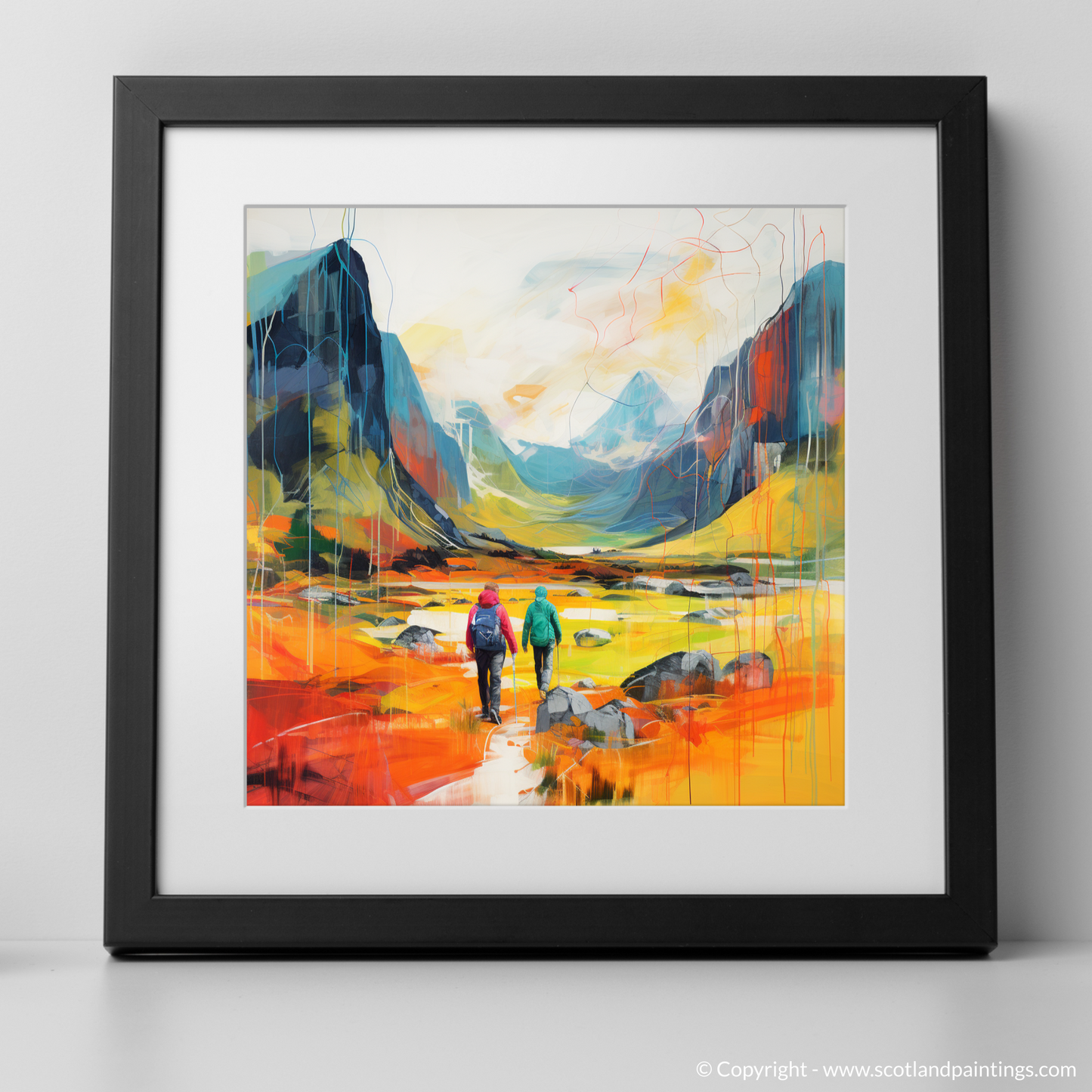 Painting and Art Print of Hikers in Glencoe. Hikers' Journey Through the Vibrant Glencoe Highlands.