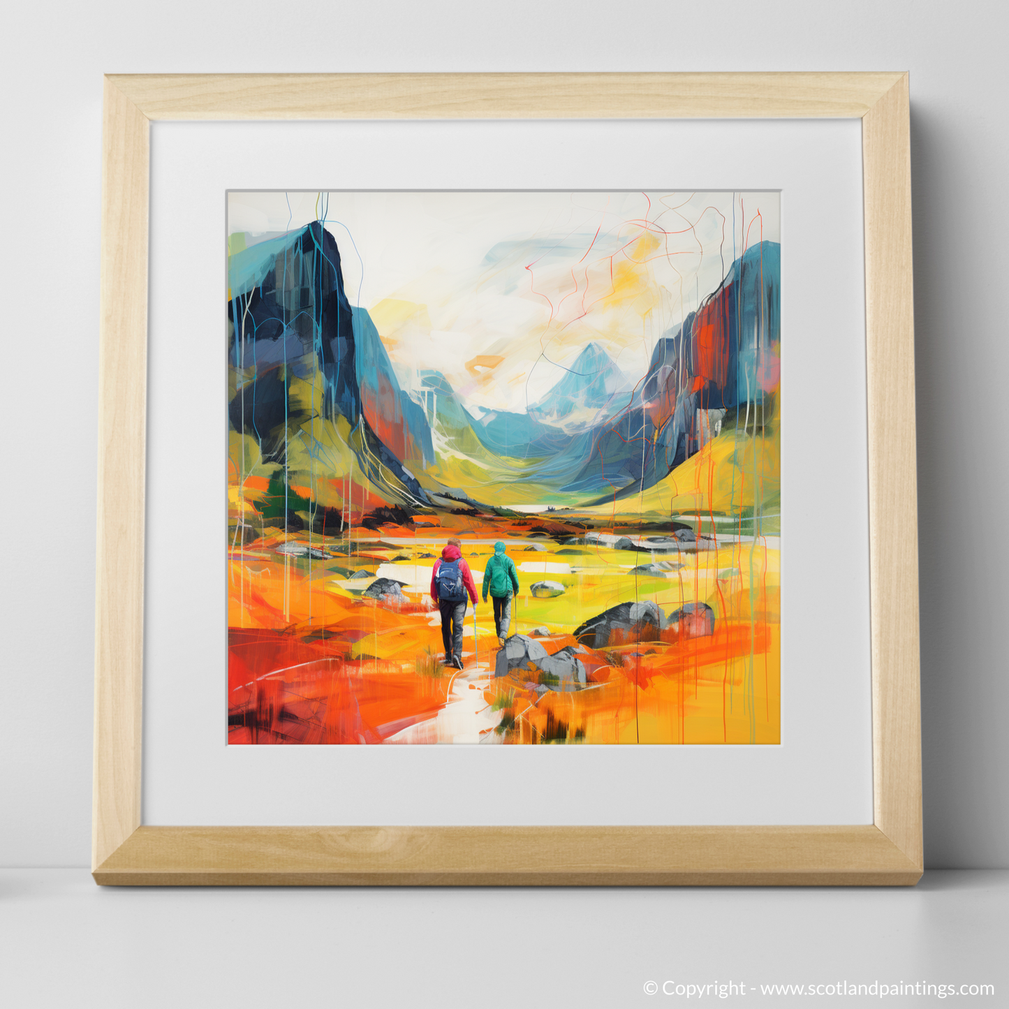 Painting and Art Print of Hikers in Glencoe. Hikers' Journey Through the Vibrant Glencoe Highlands.