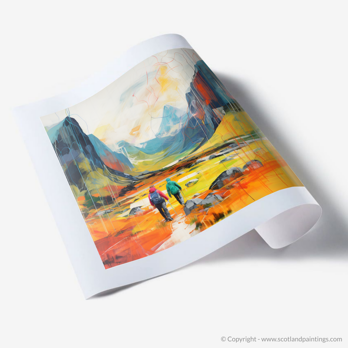 Painting and Art Print of Hikers in Glencoe. Hikers' Journey Through the Vibrant Glencoe Highlands.