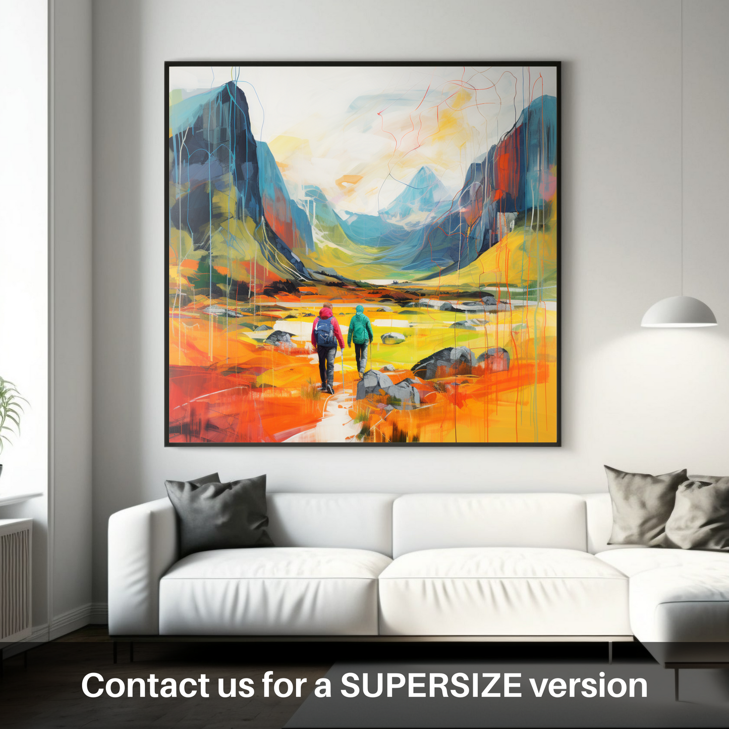 Painting and Art Print of Hikers in Glencoe. Hikers' Journey Through the Vibrant Glencoe Highlands.