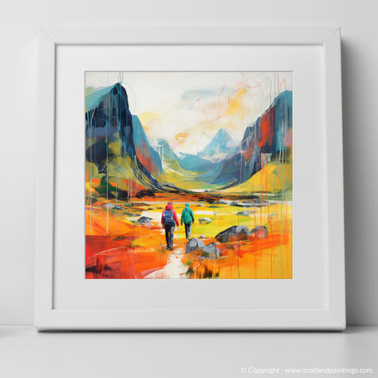 Painting and Art Print of Hikers in Glencoe. Hikers' Journey Through the Vibrant Glencoe Highlands.