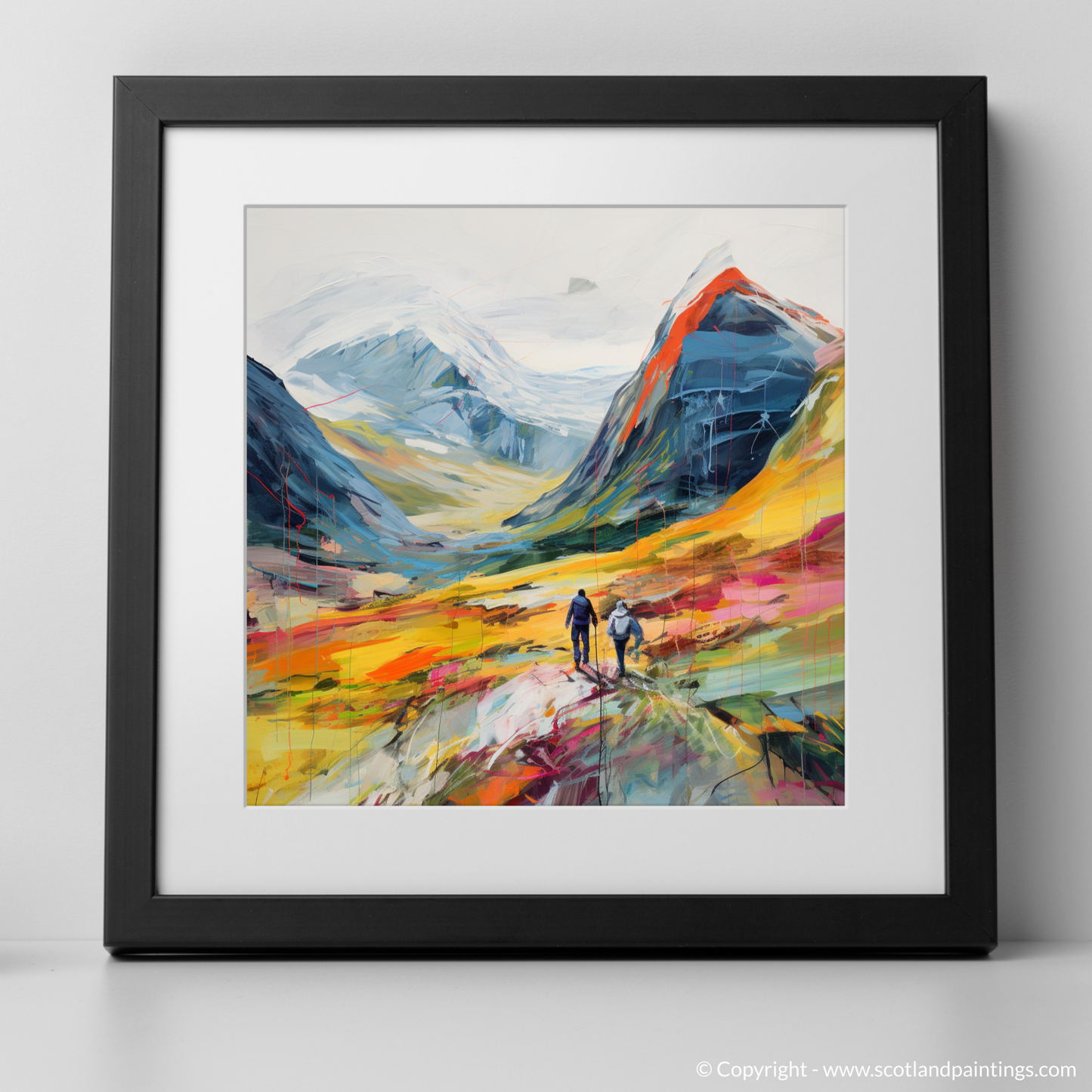 Painting and Art Print of Hikers in Glencoe. Hikers' Odyssey through the Vibrant Glencoe Highlands.