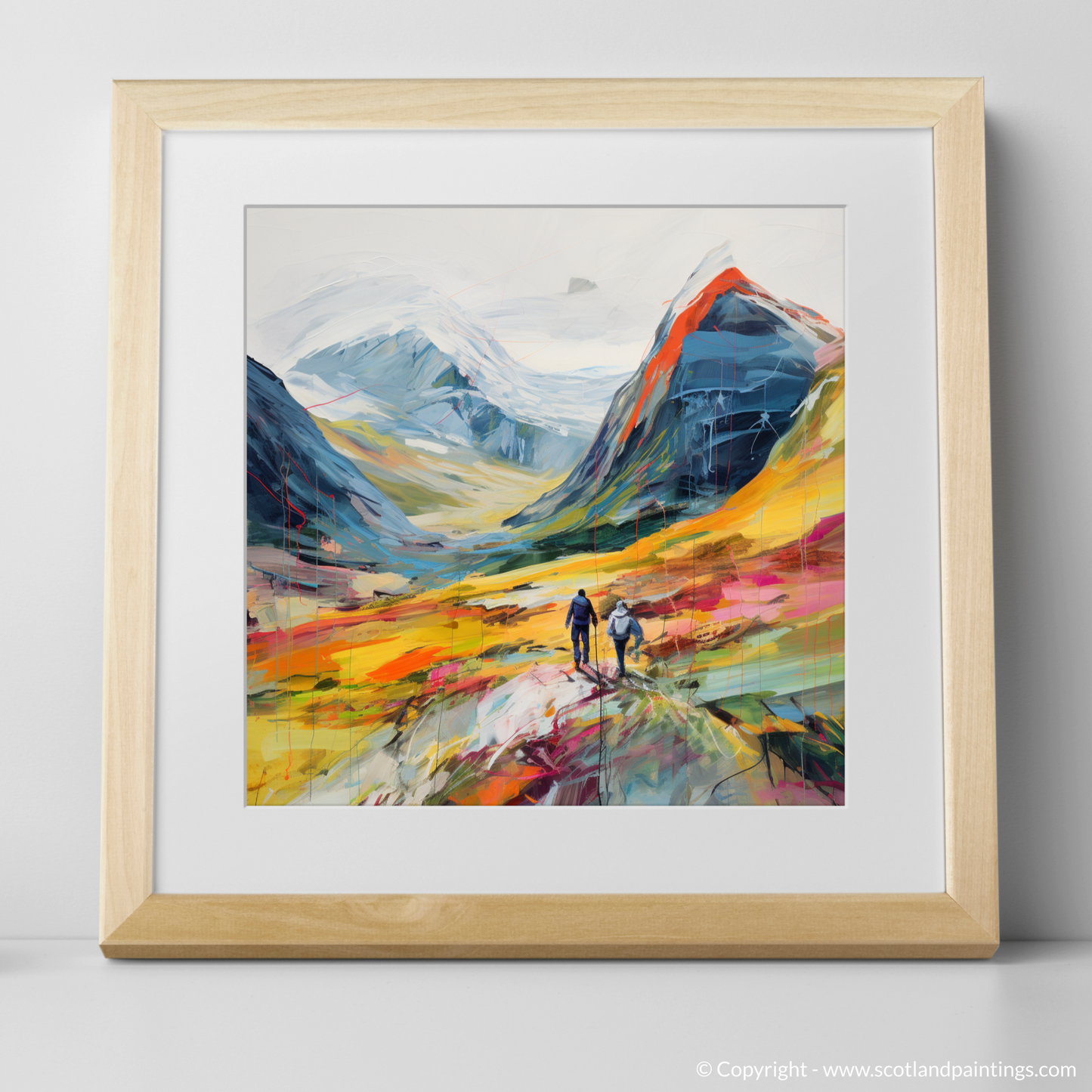 Painting and Art Print of Hikers in Glencoe. Hikers' Odyssey through the Vibrant Glencoe Highlands.