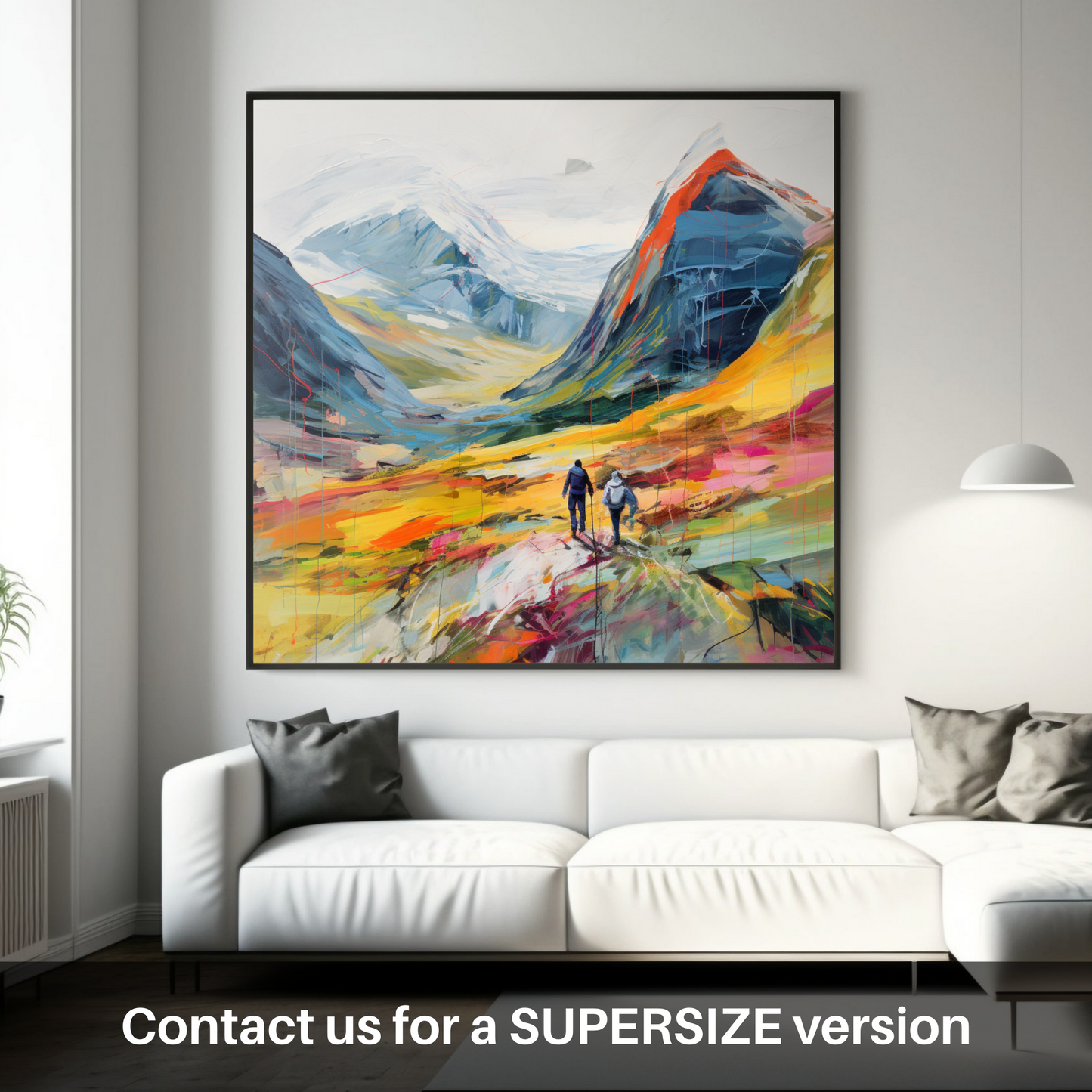 Painting and Art Print of Hikers in Glencoe. Hikers' Odyssey through the Vibrant Glencoe Highlands.