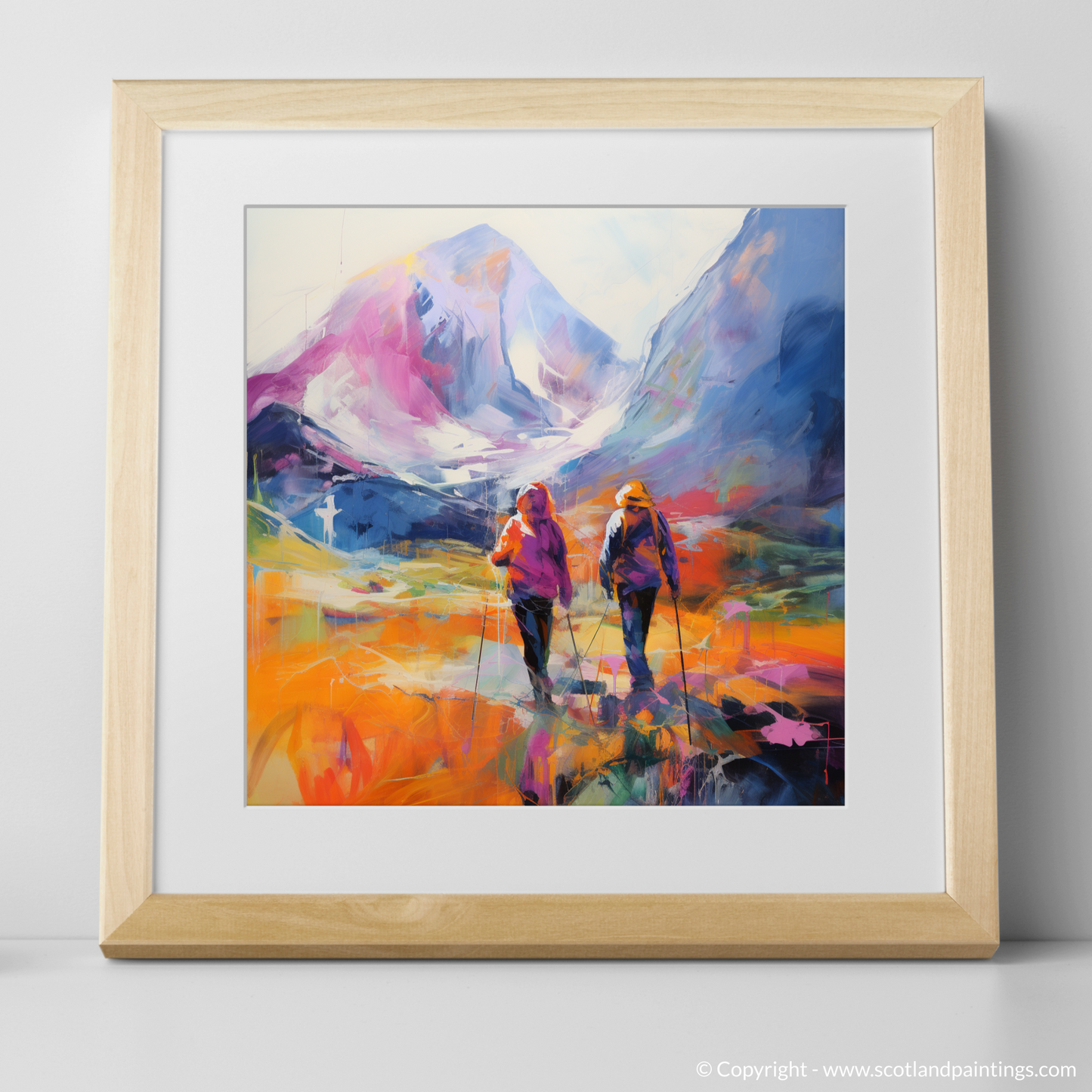 Art Print of Hikers in Glencoe with a natural frame