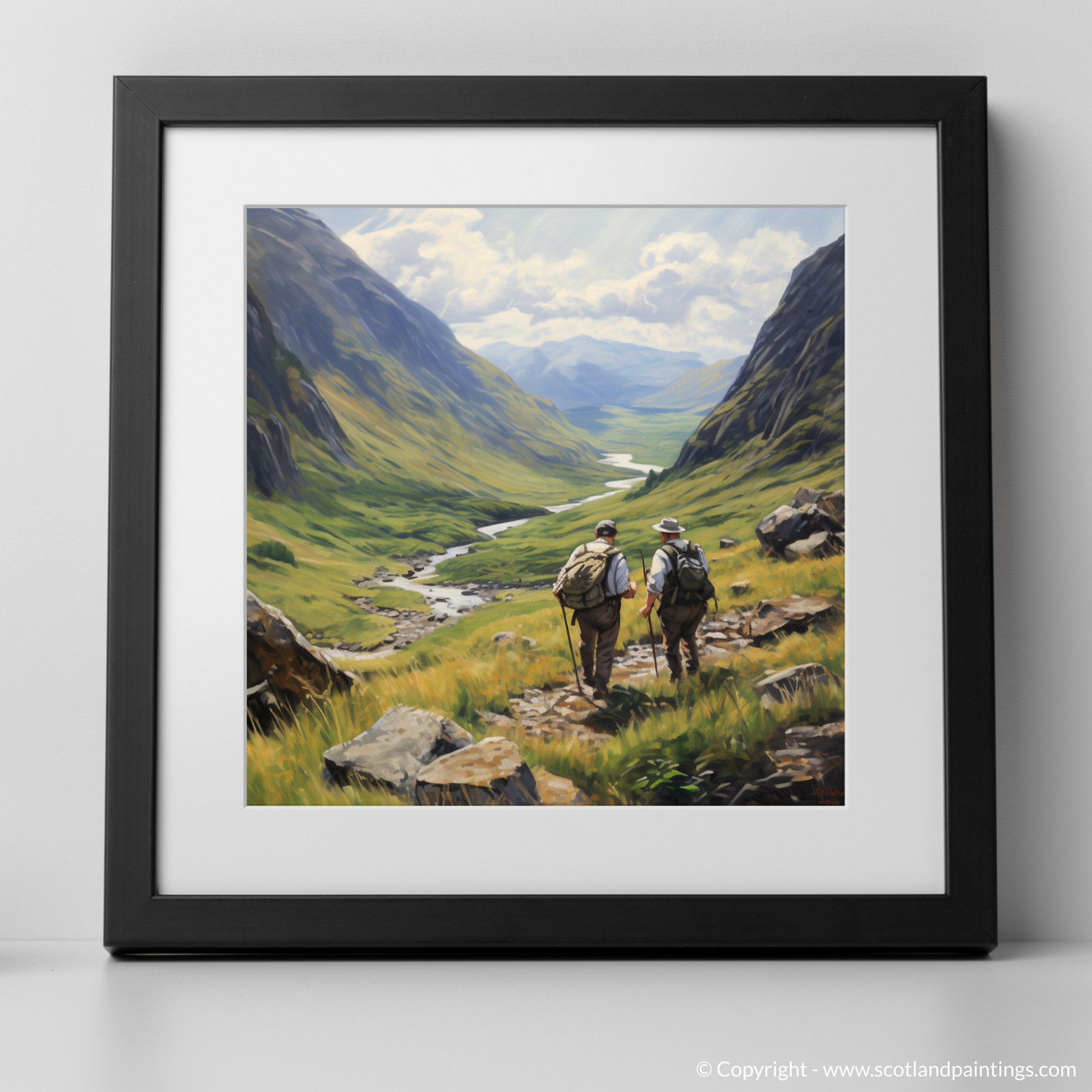 Art Print of Hikers in Glencoe with a black frame