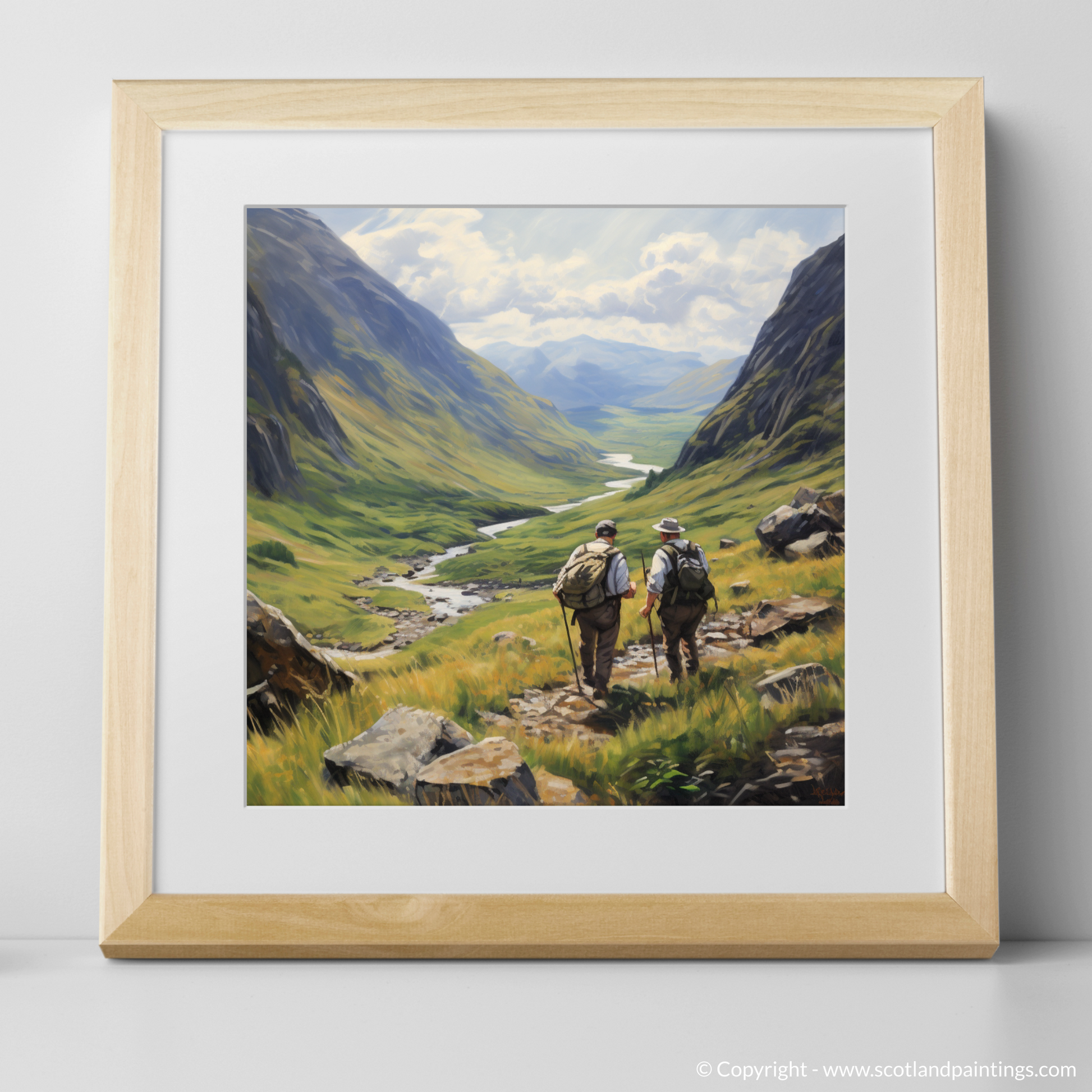 Art Print of Hikers in Glencoe with a natural frame