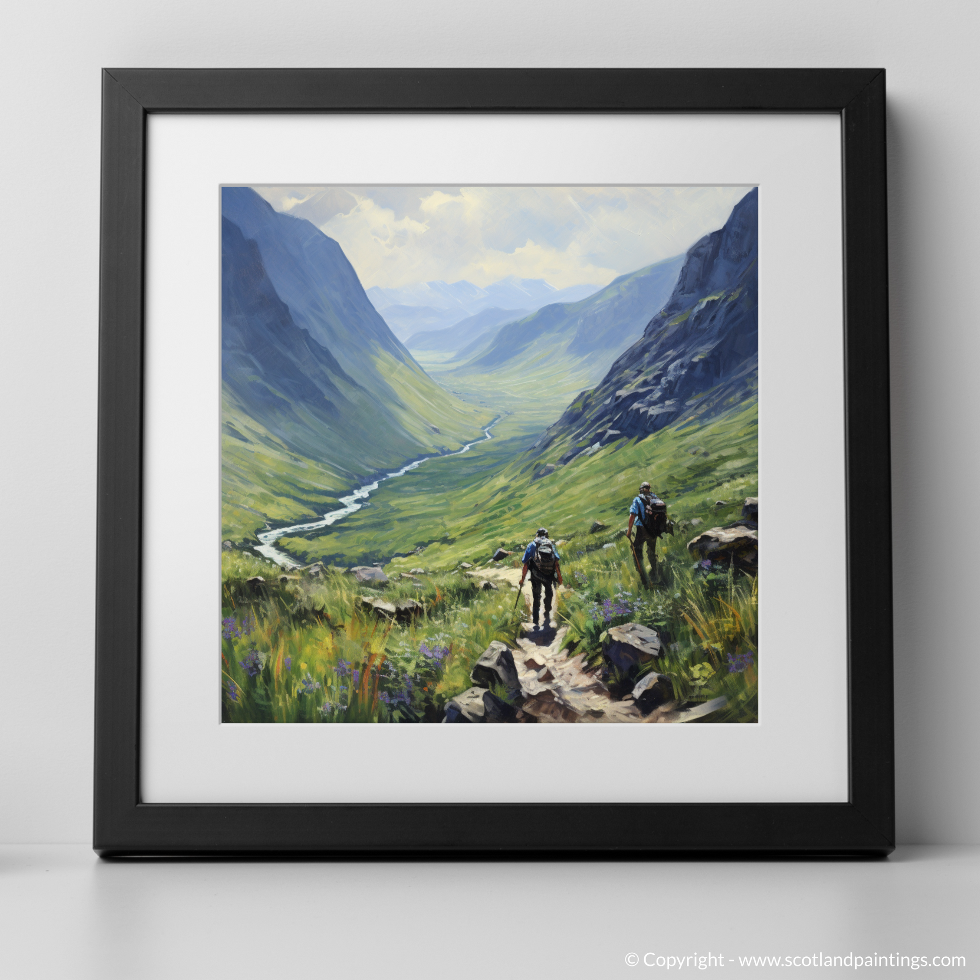 Art Print of Hikers in Glencoe with a black frame